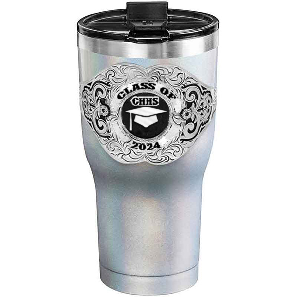 A customized tumbler made of stainless steel with a personalized engraved Class of 2024 lettering with graduate cap figure, 30 oz, ideal for coffee or cool drinks